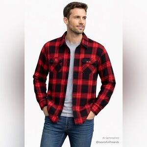 Jachs New York Medium Red Black Buffalo Plaid Flannel Shirt Jacket